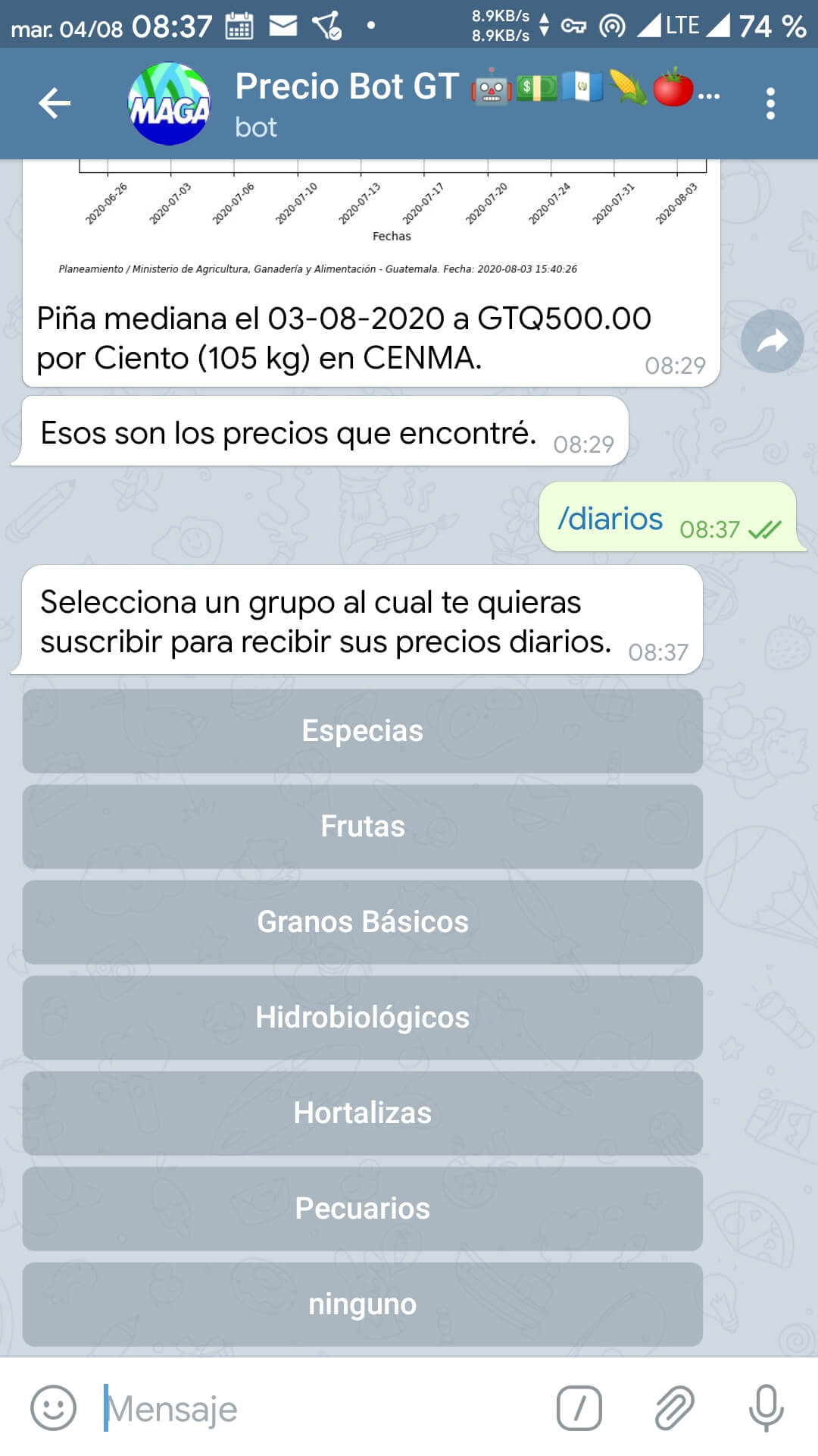 Uso del comando /diarios en el chat bot de precios vía Telegram