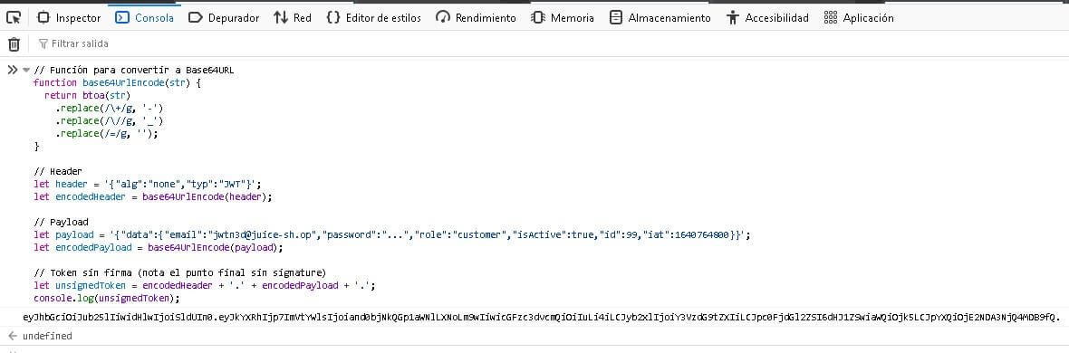 Creando unsigned JWT en consola