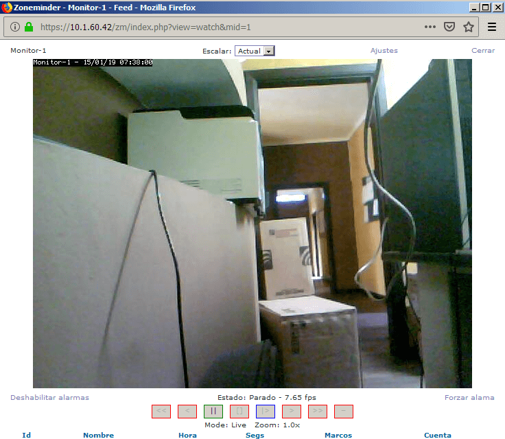 Vista del monitoreo de la webcam en Zoneminder